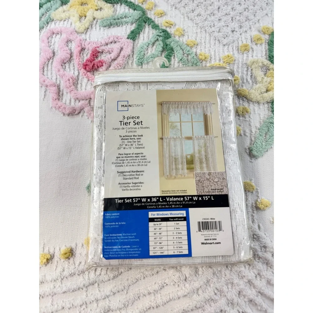 Mainstays Wisteria 3-Piece White Lace Tier and Valance Window Curtain Set